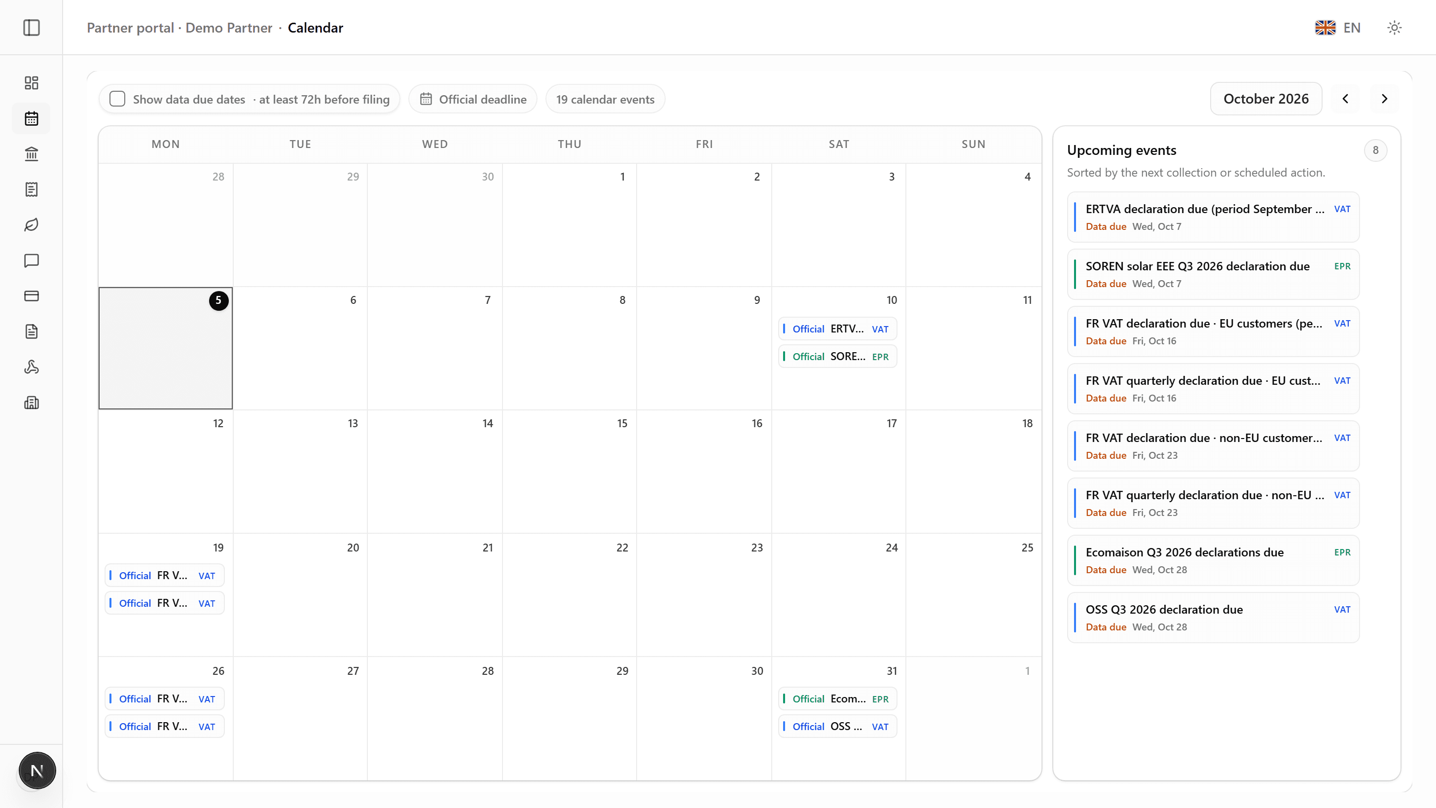 VAT EPR EXPERT FRANCE partner calendar showing the July 2026 statutory VAT, OSS and EPR deadline grid alongside upcoming portfolio events