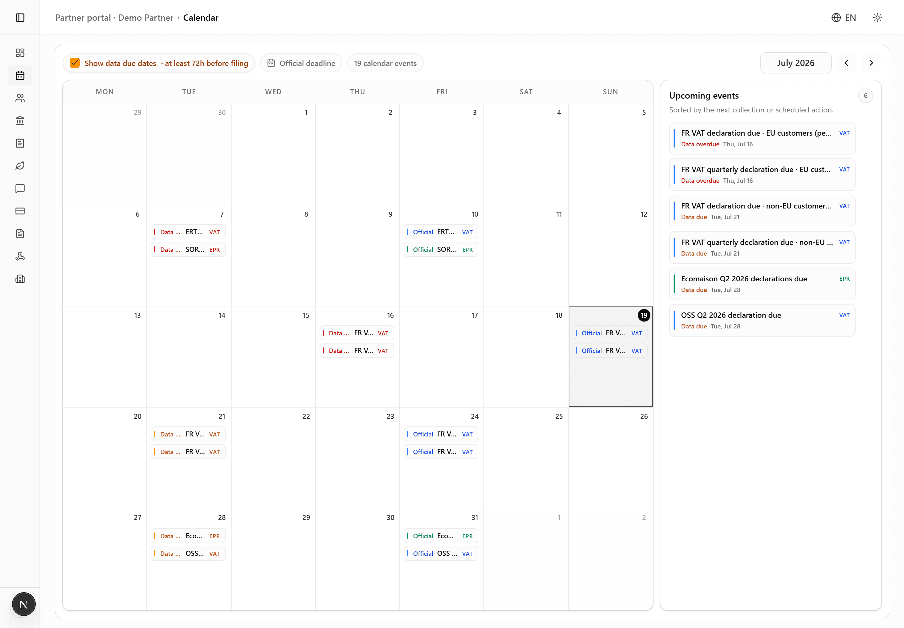 VAT EPR EXPERT FRANCE partner calendar showing the July 2026 statutory VAT, OSS and EPR deadline grid alongside upcoming portfolio events