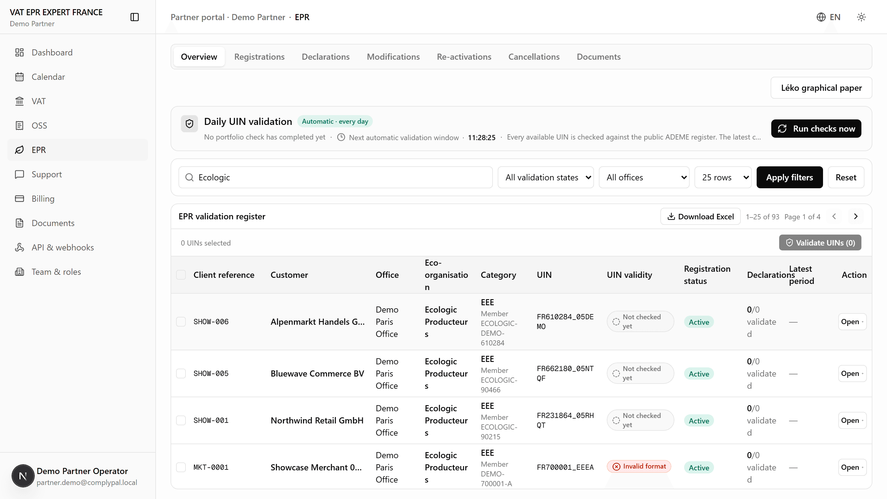 VAT EPR EXPERT FRANCE partner portal EPR module showing French EPR registrations, eco-organism memberships, unique identification numbers and declaration status across a demo portfolio