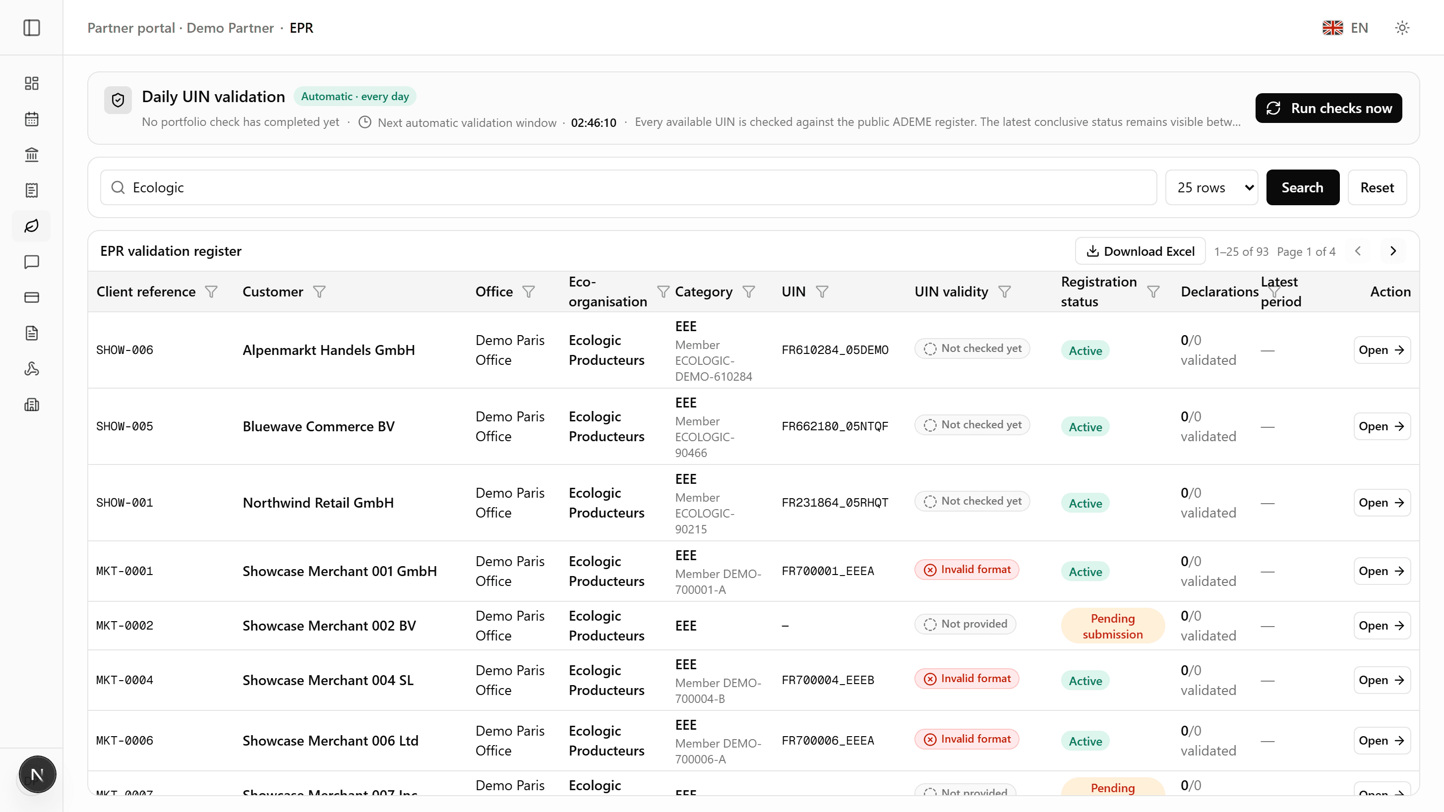 VAT EPR EXPERT FRANCE partner portal EPR module showing French EPR registrations, eco-organism memberships, unique identification numbers and declaration status across a demo portfolio
