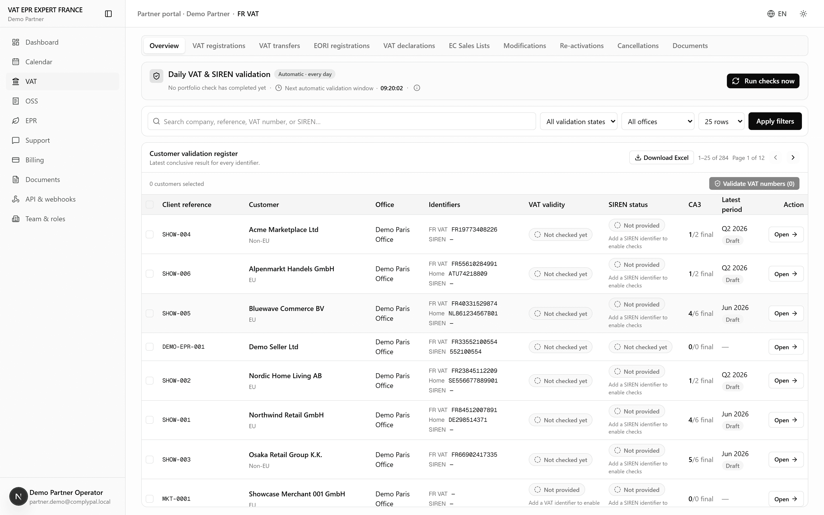 VAT EPR EXPERT FRANCE partner portal VAT module showing French VAT registrations, accreditation status, validation checks and CA3 filing progress