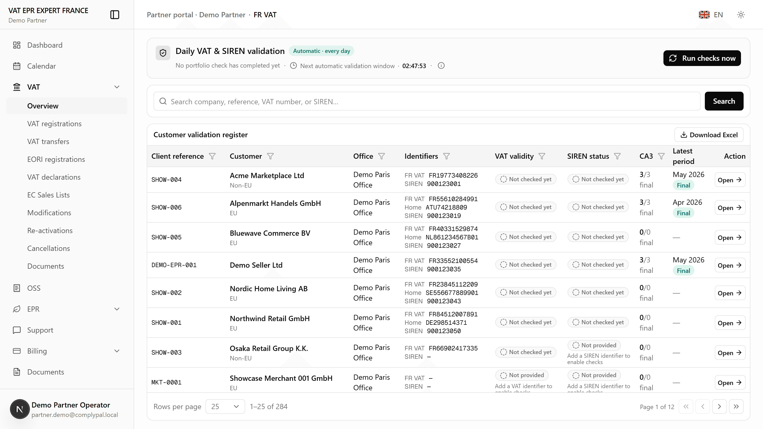 VAT EPR EXPERT FRANCE partner portal VAT module showing French VAT registrations, accreditation status, validation checks and CA3 filing progress